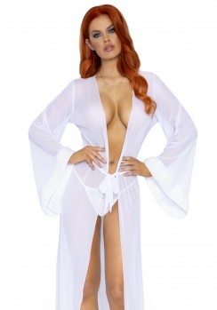 Faux fur trimmed robe & string White-1