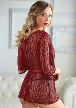 Leopard Lace Robe with String Red - One Size Plus-2