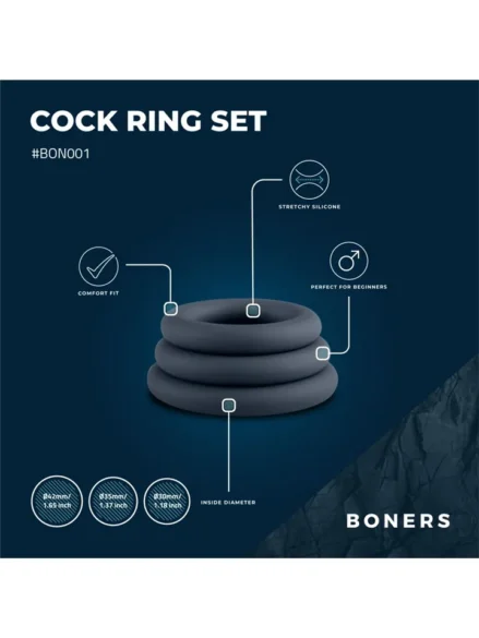 Boners 3-Piece Cock Ring Set Grey - Penisringar paket 2