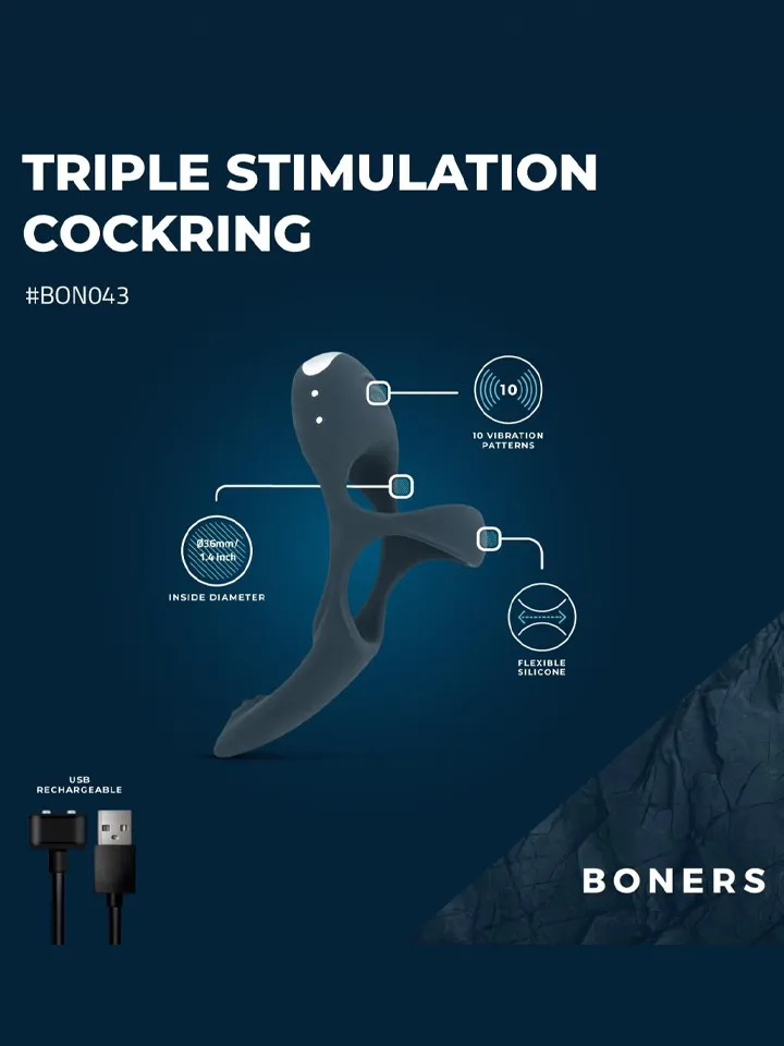 Boners Triple Vibrating Cockring Blue - Penisring med vibrator 2