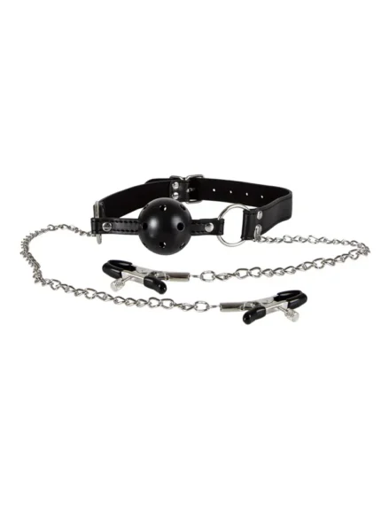 Diabolique Black Gag With Nipple Clamps - Gagball med bröstklämmor 1