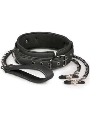 Easytoys Leather Collar With Nipple Chains - Halsband med bröstklämmor 1