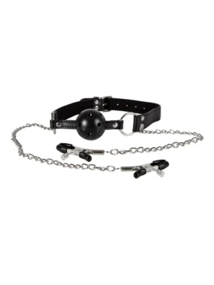 Diabolique Black Gag With Nipple Clamps - Gagball med bröstklämmor 0